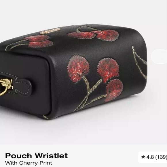 Coach Pouch Wristlet Black Smooth Leather With Cherry Print Zip Closure - Picture 14 of 16